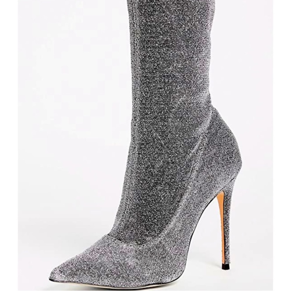 Schutz Mislane Stretchy Shimmering Silver Heeled Boots